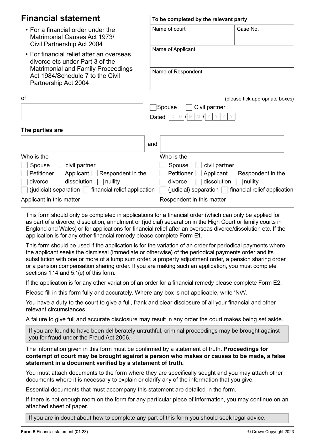 The official HMCTS Form E - Financial Statement